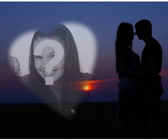 photomontage with couple in love with sunset in the background and heart to put romantic photo