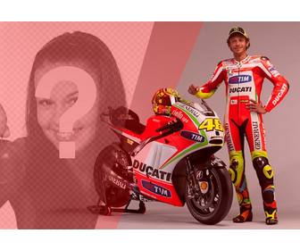 create photomontage with valentino rossi motorcycle racer with his red and white bike and red filter to ur photo