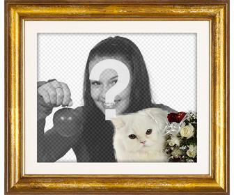 gold photo frame with white persian cat and red and white roses to put ur love photo with ur boyfriend or girlfriend