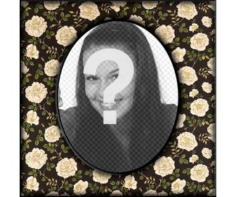vintage oval photo frame with flowers on beige in black wall where u can upload digital photo