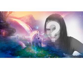 fantasy photomontage to put ur photo with white unicorns on fantastic dream landscape