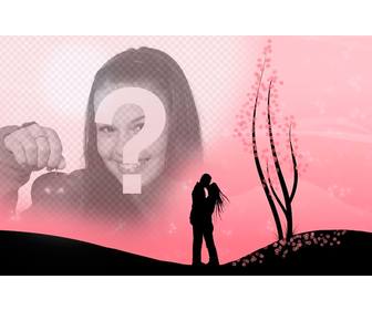 creates romantic montage with this image of couple kissing in landscape with pink flowers and the image u upload online