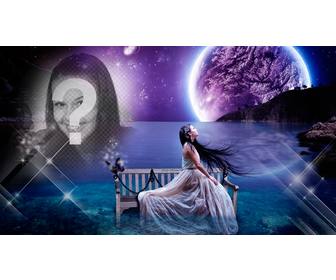 create fantasy collage into dreamscape with the moon and the sea in the background and picture of urself melting into the starry sky