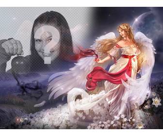 create collage online with an winged woman angel in fantasy world surrounded by flowers