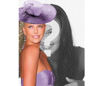create photomontages with charlize theron gala dressed in gown purple and matching hat beside u