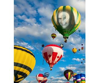 photomontage with colorful balloons flying in the blue sky where u can put photo on the fabric of one of the balloons