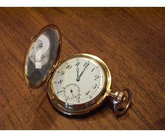 photomontage with pocket watch on wooden table where u can put ur photo on the golden cover