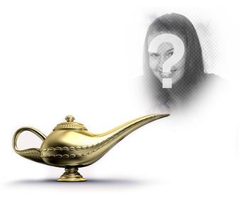 photomontage with golden magic lamp which emits smoke where u will put ur picture and become the genie