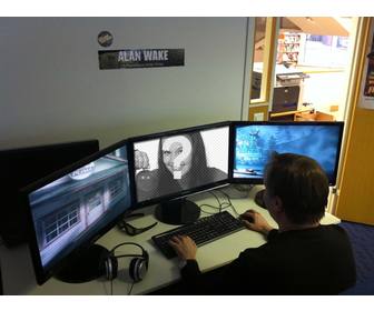 photomontage with video game player and ur photo on the computer next to two screens