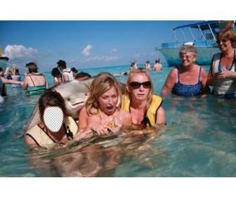 photomontage with stingray scaring some girls in the sea