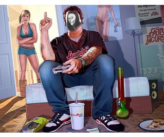 photomontage with gta v illustration in which there is guy in his room playing video games and his girlfriend is angry at the door