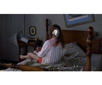 photomontage to be the exorcists girl in scene from the horror film in which she turns completely her head over her bed