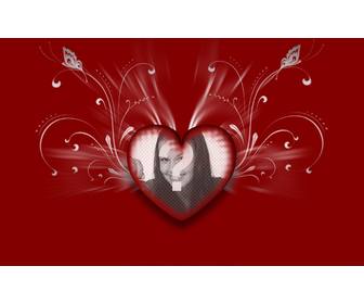 photomontage of love with passion red background and heart in the center where u can put ur photo with rays of light and decorative lines