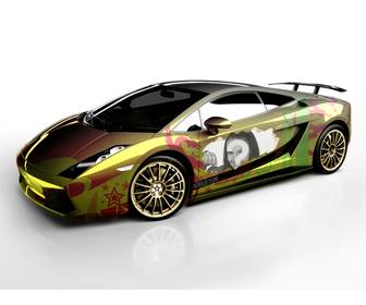 photomontage of yellow lamborghini tuning with red stars and photo uploaded by u in the drivers door