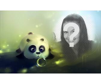 photomontage with panda drawn blowing soap bubble and hole on the right to put photo