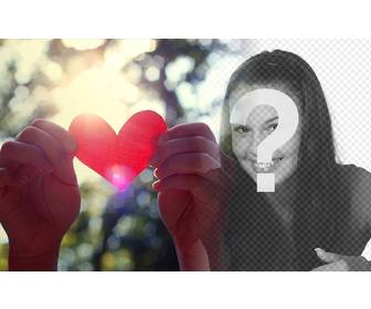 photomontage of love with red paper heart and forest background blur on the photo u upload