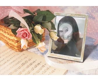 photoframe online where u can put ur picture in picture frame with basket of roses and music score
