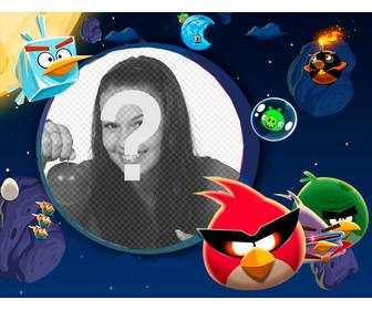 children angry birds photo frame in space set as in the game
