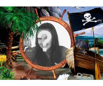 composition with pirate flag ship and treasures to put ur photo on rudder