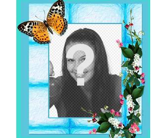 photo frame for ur photos with flowers and butterfly on blue background