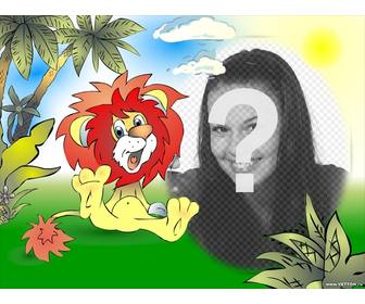 photo frame drawn smiling lion in the jungle