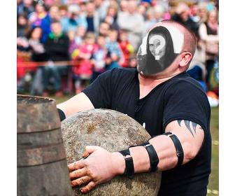 face in hole of strong basque man  carrying doing stone lifting