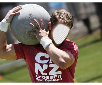 photo montage with strongman man carrying huge stone