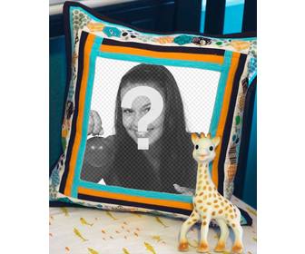 put ur photo on cushion next to stuffed giraffe