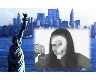 customizable with ur picture postcard with an old photograph of the statue of liberty and new rk city background blue