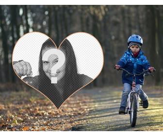 photo frame of child with bike and ur picture in heart