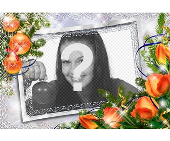 christmas photo frame with balls and orange flowers