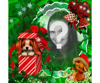 christmas photomontage with lovely puppy as gift