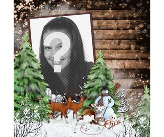 photo frame with snowy winter landscape deer and snowman