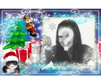 christmas photo frame with several gifts and kitten