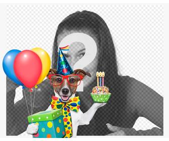 photo effect of dog with birthday cake and balloons