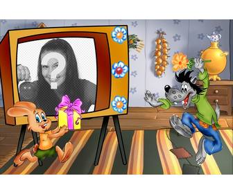 photo frame wolf and rabbit friends where u can put ur photo on tv shaped frame