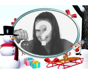 christmas photo frame in the snow with snowman and gifts to put photo