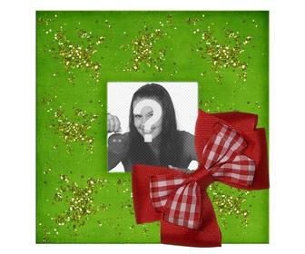 christmas photo frame with red ribbon and green background