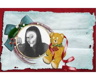 christmas card with teddy bear and tie with round frame in which u can put ur photo