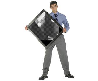 ung guy in suit holding the frame of painting where u can frame ur picture