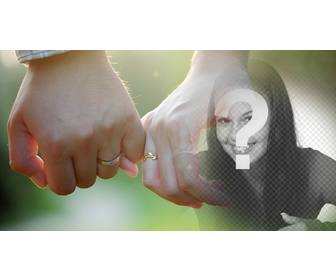 editable photomontage with couple holding hands with rings