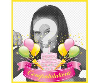 decorative and festive photo frame with huge cake and congratulations text