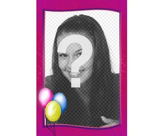 birthday photo frame u can use as postcard pink border with colorful balloons on corner