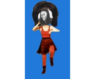 Put your face on the body of a woman in red dancing cartoon style. Edit