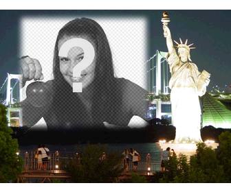 photomontage to make personalized card ur picture with new rk at night to the bottom close to the statue of liberty