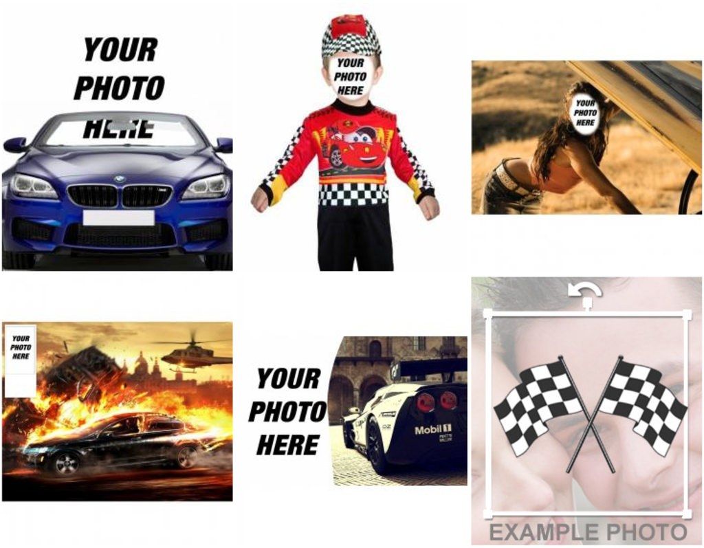 Photomontages of luxury cars and racing