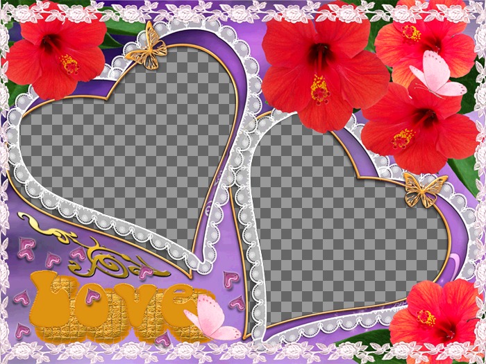 Set of two photo frames, heart-shaped, flowers and butterflies appear. Ideal to represent the love of a partner. Violet..