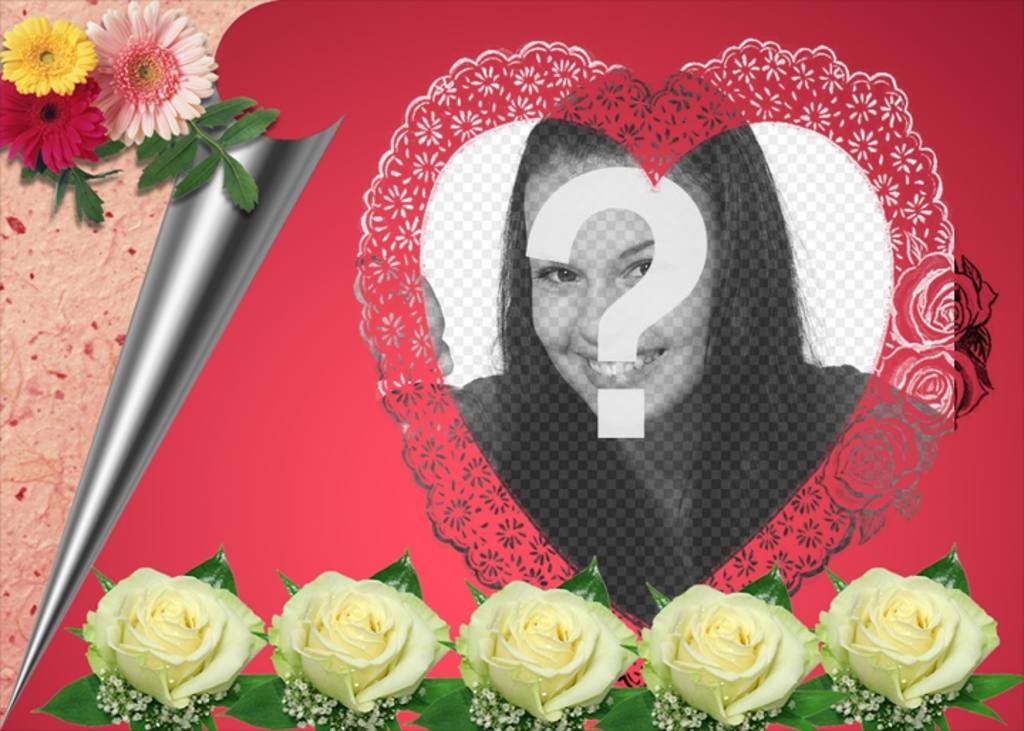 Photomontage consisting of a romantic pink in your photo appears in a heart-shaped frame accompanied by flowers and wrapping paper. Ideal for lovers. To send e-mail this..