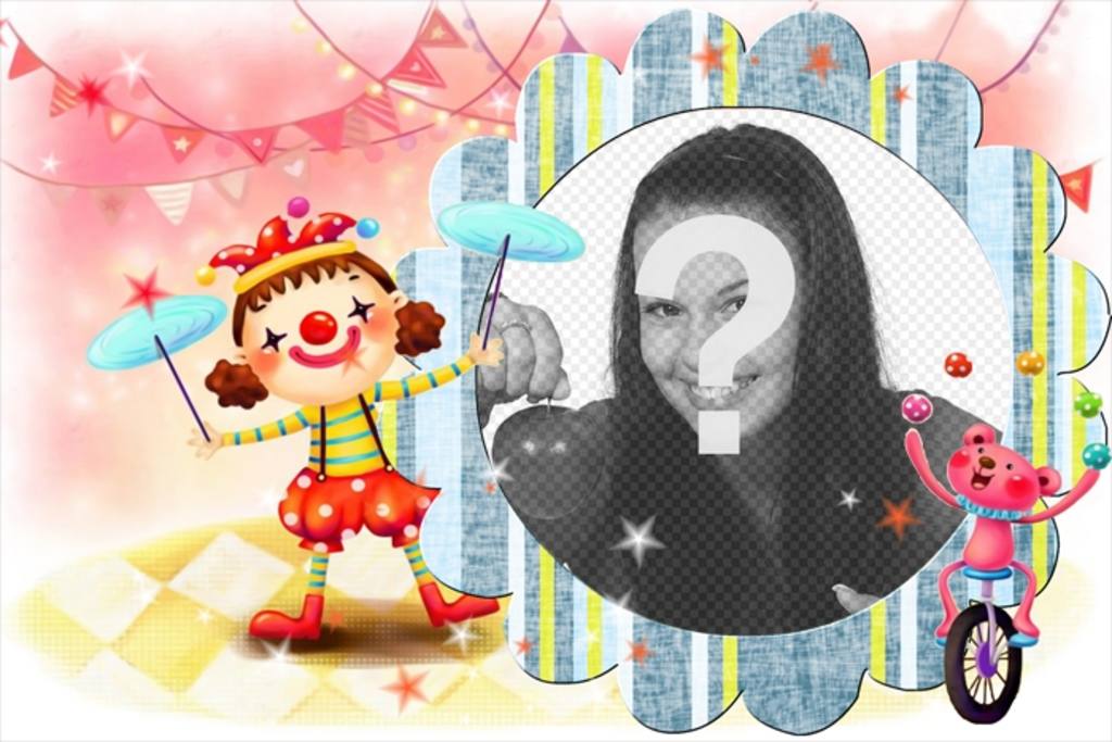 Postcard with pink background and set in a circus. clowns and decorations are typical of the tents where such events are organized where you can include that picture of an unforgettable..