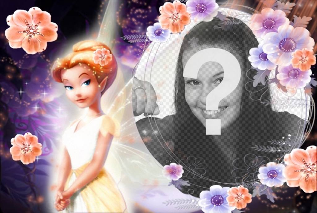Photomontage of orange-haired fairy with flowers and dressed in matching purple background memorandum spherical space and a photo frame to include your..